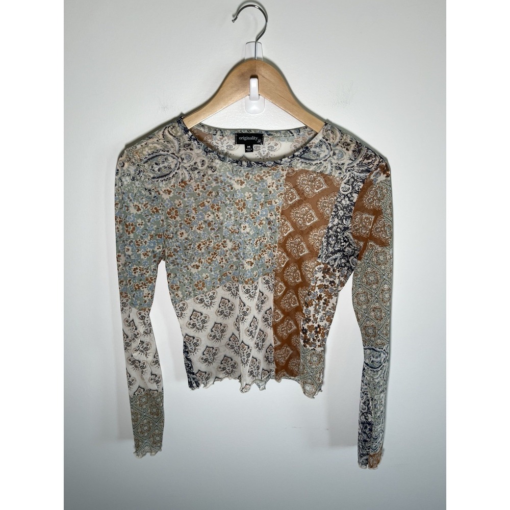 Boho Cottage Patchwork Womens Top M Multicolor Mesh Sheer Festival